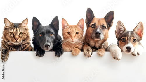 Group of pets together over white banner isolated, generative Ai © Zoya