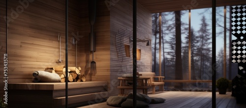 Modern wood fired sauna interior with steam room photo