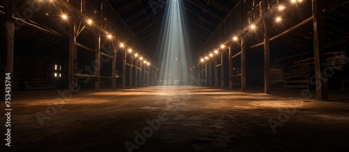 Interior of a deserted barn illuminated brilliantly captured from a wide perspective
