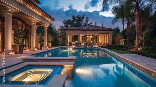 Twilight serenity captured in an image of an exclusive pool area with ambient lighting, surrounded by opulent landscaping and architectural details