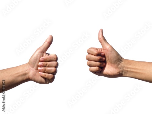 Two men's hands giving each other a thumbs up, each giving a thumbs up to each other on  Isolated on white background, business concept.
