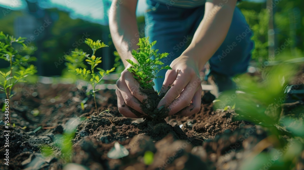 person planting trees or working in community garden promoting local food production and habitat restoration concept of sustainability and community engagement person planting trees or working in community garden promoting local food production and habitat restoration concept of sustainability and community engagement