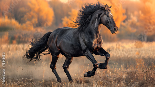 beautiful black horse playing on the field, generative Ai
