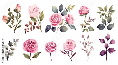 A set of pink watercolor flowers and leaves clipart isolated on a white background