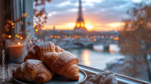 Fototapeta Naklejka Na Ścianę i Meble -  Delicious french croissants on romantic background of Eiffel tower. Created with Generative AI.	
