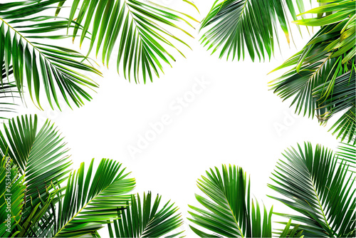 Lush green palm leaves frame a tropical paradise with a hint of blue sky