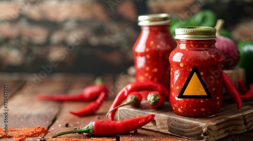 A rustic image depicting jars of homemade red chili sauce with a bold, black and yellow warning sign on the front jar, set against a wooden backdrop with fresh red chili peppers scattered around.