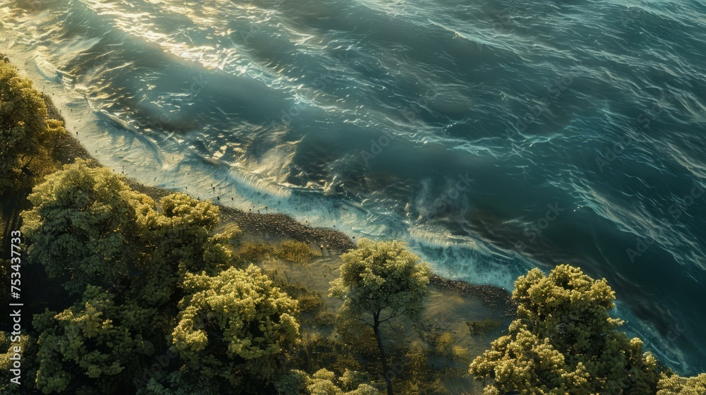 Aerial image showing a serene shoreline where a lush forest meets the gentle waves of a vast ocean
