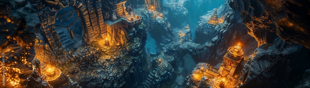 Hidden dwarven cities, illuminated by wizardry, heroes embark on quests filled with danger and magic, a tale of courage - obrazy, fototapety, plakaty 