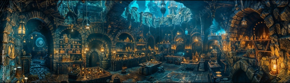 Hidden dwarven dungeon, brought to life with ethereal lighting and arcane energy. The stone architecture is masterfully carved, stretching deep into cavernous depths and ascending into towering spires - obrazy, fototapety, plakaty 