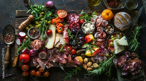 Gourmet food platter, a feast for the eyes, with vibrant colors and exquisite presentation on a rustic table