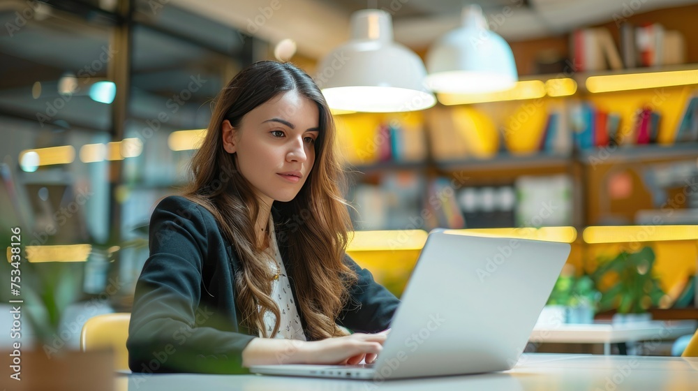 realistic photo of a women accountant who sits at a table and looks at a laptop screen, a bright cabin in the office and in the shelves in the background realistic photo of a women accountant who sits at a table and looks at a laptop screen, a bright cabin in the office and in the shelves in the background