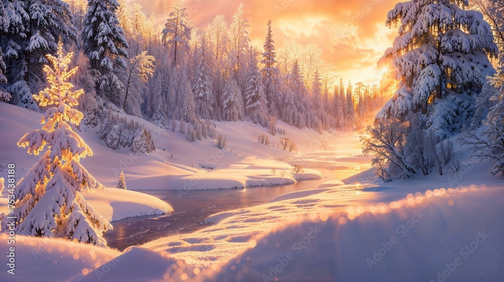 Pristine snow landscape at dawn, bathed in the golden light of sunrise, creating a serene and tranquil scene