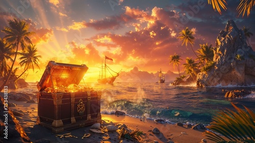 Mystic chest overflowing with ancient treasures on a deserted island, illuminated by the golden sunset, evoking tales of adventure