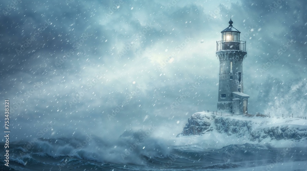 Solitary lighthouse in a snowstorm, its beam cutting through the blizzard, guiding the way home