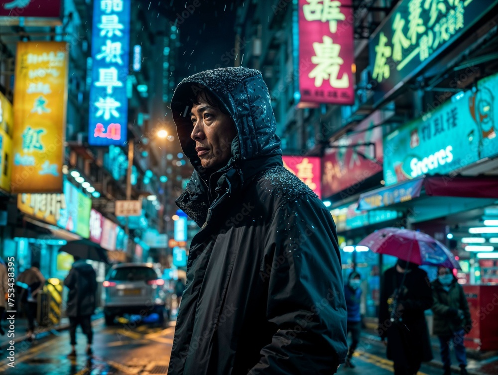 An Asian man, cloaked in a weatherproof jacket, stands amidst the vibrant neon signs of a bustling urban street An Asian man, cloaked in a weatherproof jacket, stands amidst the vibrant neon signs of a bustling urban street