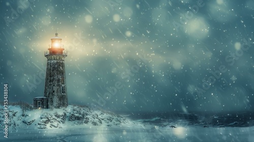 Solitary lighthouse in a snowstorm, its beam cutting through the blizzard, guiding the way home