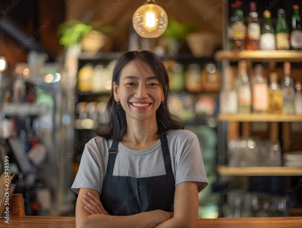Friendly female barista with arms crossed standing in a welcoming coffeehouse environment.