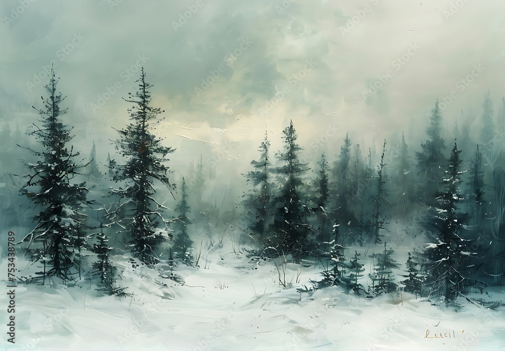 Winter snow landscape forest pine trees  in the countryside moody vintage farmhouse style wall art or painting - obrazy, fototapety, plakaty 
