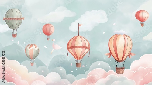 Whimsical hot air balloons drifting across a nursery wall in soft hues