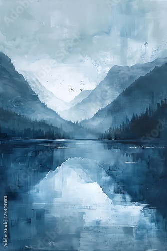 landscape gloomy sky mountain and lake in moody vintage farmhouse style wall art or painting blue theme