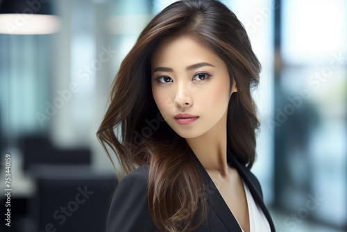 studio portrait of beautiful business woman standing on the office background in business suit