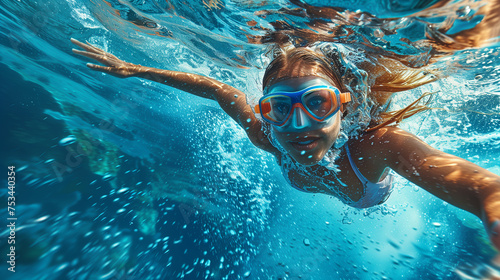 A beautiful woman explores the underwater world of the open ocean, swimming confidently with her diving goggles on.