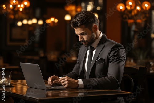 Man in a suit working on a laptop in the office