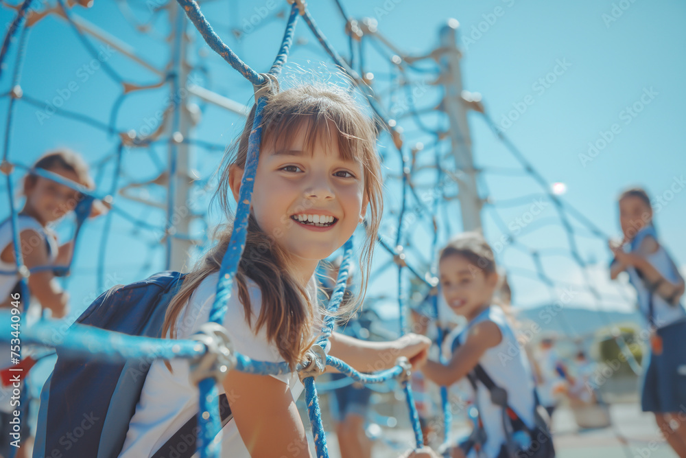 Children play happily in the park amidst summer fun. Playground in school or park Children play happily in the park amidst summer fun. Playground in school or park