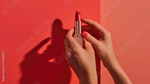 Elegant Red Lipstick Application by Manicured Hands.