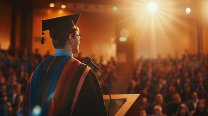 Valedictorian young student man giving graduation speech to other graduated people from the year group while wearing traditional college regalia and gown