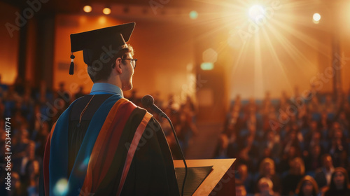 Valedictorian young student man giving graduation speech to other graduated people from the year group while wearing traditional college regalia and gown