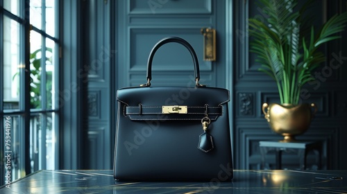 Black luxury leather handbag. High class fashion item, emphasizing clean design and sophistication. Leather texture details.