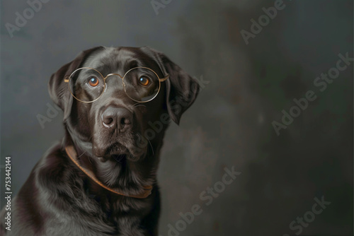 Brown dog with glasses on dark background