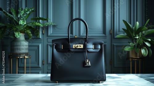 Black luxury leather handbag. High class fashion item, emphasizing clean design and sophistication. Leather texture details.