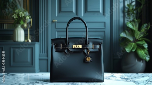 Black luxury leather handbag. High class fashion item, emphasizing clean design and sophistication. Leather texture details.