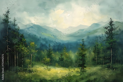 contemporary landscape forest field and mountain in the countryside moody vintage farmhouse style wall art or painting