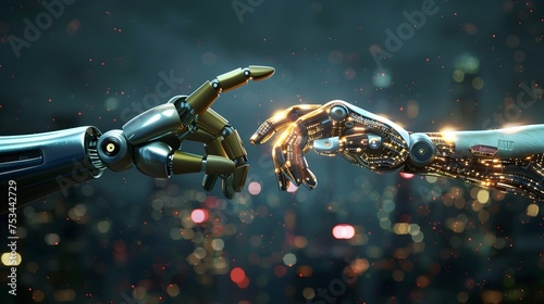 Two Robot Hands Reaching Out in a Futuristic Setting, To convey a sense of connection and collaboration in a futuristic, technological context photo