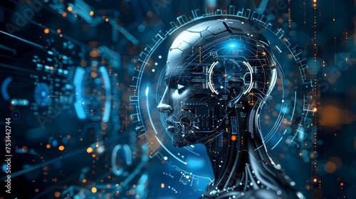 Futuristic Robot Head Against Digital Background, This image conveys the concept of futuristic technology and artificial intelligence, making it an