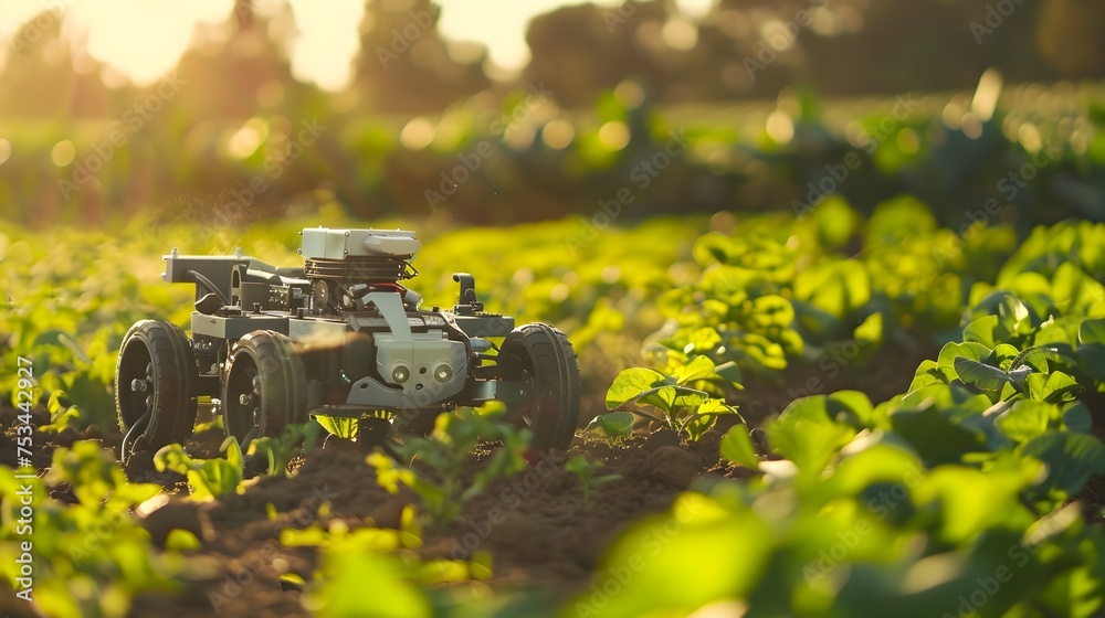 Robot Driving on a Sunny Field for Agriculture, To showcase the integration of robotics and AI in agriculture for a sustainable future Robot Driving on a Sunny Field for Agriculture, To showcase the integration of robotics and AI in agriculture for a sustainable future