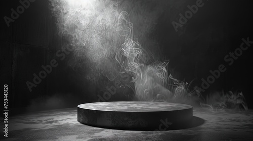 Epic Elegance: Unveil your product on this sleek black podium engulfed in enigmatic smoke. Command attention with dramatic flair!