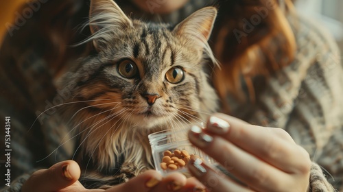 Woman Giving Pill Cute Cat Indoors, Desktop Wallpaper Backgrounds, Background HD For Designer © PicTCoral