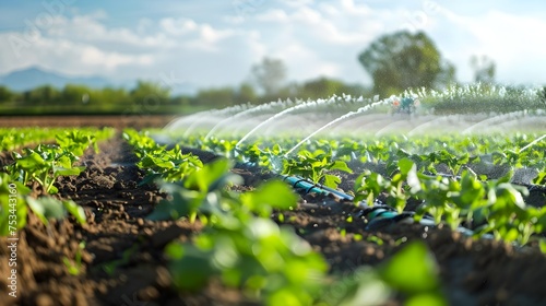 Sprinklers Irrigating Green Crops in the Field, To showcase the beauty and importance of modern agriculture and irrigation technology in crop growth photo