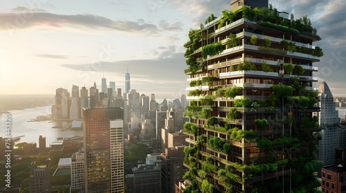 Sustainable Tree Growing on City Building Rooftop, To promote the benefits of sustainable and eco-friendly building design in urban environments photo