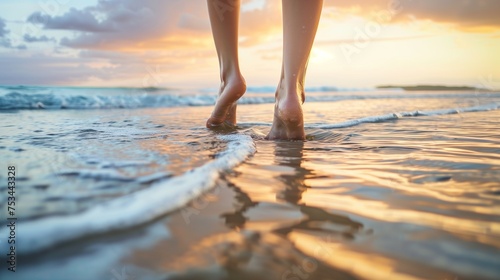 Craft a close-up image capturing the freedom and relaxation of a woman's feet walking barefoot on a sandy beach in sea water. 