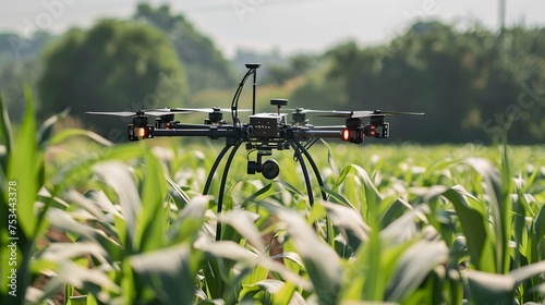 Drone Flying Over Lush Green Corn Field, To illustrate the use of drones in modern agriculture for crop management and sustainable farming practices