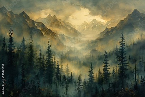 Oil painting style of moody mountain at sunset, landscape and scenery, painting for wall art, decoration, and background