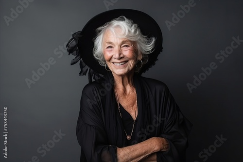 Portrait of smiling senior woman in black dress and hat on grey background