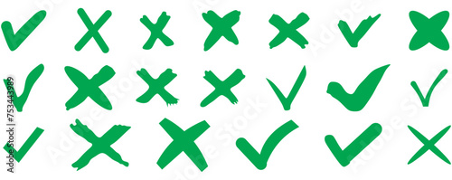 Hand drawn grunge Green checkmark cross sign. Doodle check marks answers in test, confirmation, negation icons. Checklist marks template, voting set. Vector isolated on white Background photo