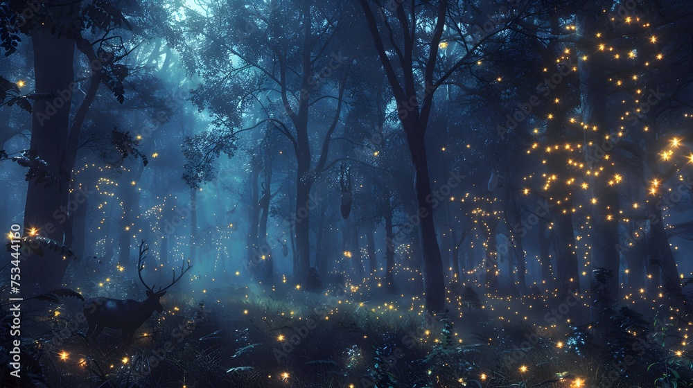 Fireflies Illuminating a Dreamlike Forest at Night, This image would make a beautiful wallpaper or background for a desktop or mobile device, and